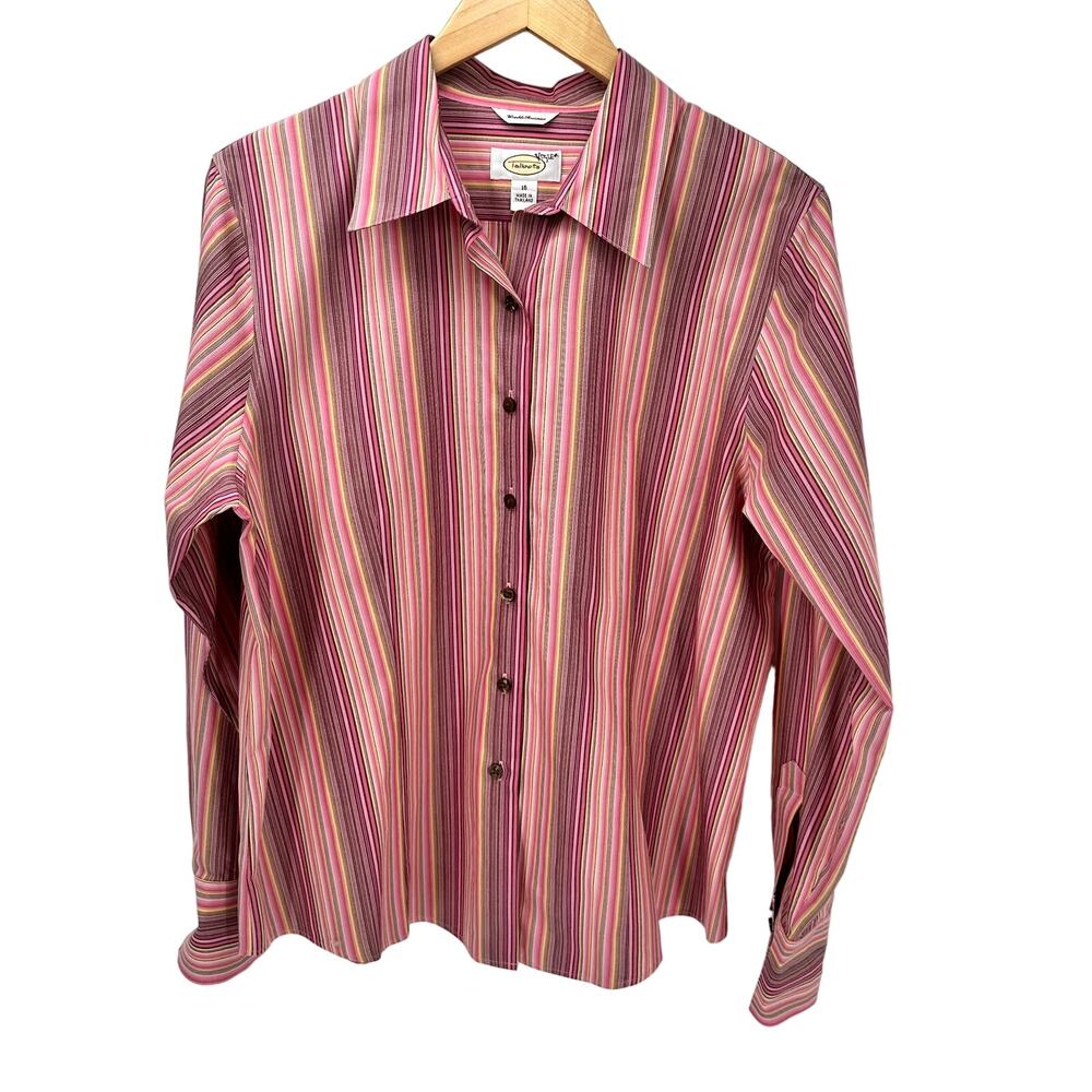 Talbots Blouse‎ Womens 16 Wrinkle Resistant Pink Yellow Striped Button Up Shirt
